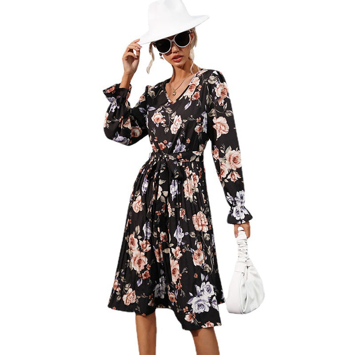 Damen Blumen-Midikleid mit V-Ausschnitt, plissiertem Rock und Taillengürtel Echoarchiv