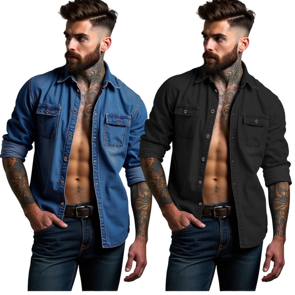 Herren lässige Denim-Hemdjacke mit zwei aufgesetzten Taschen Echoarchiv