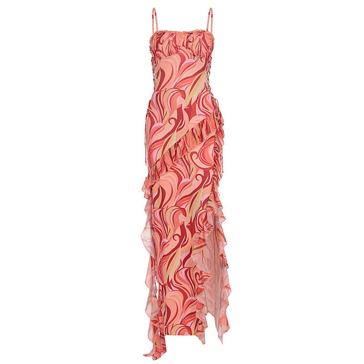 Damen Maxi-Kleid mit Rüschendetails und fließendem Muster Echo Archiv