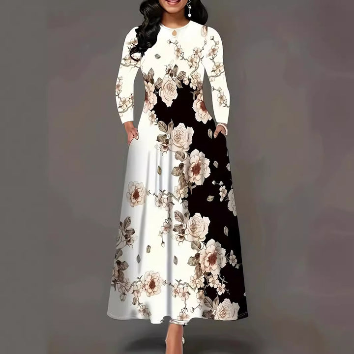 Damen Maxikleid mit floralem Allover-Print, A‑Linie, Langarm und Schlitzdetail – Valéora