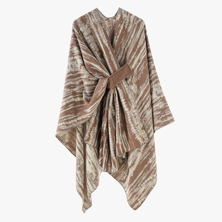 Damen Jacquard-Cape-Überwurf mit strukturierter Wellenoptik, Bindegürtel und asymmetrischem Zipfelsaum – Montévia