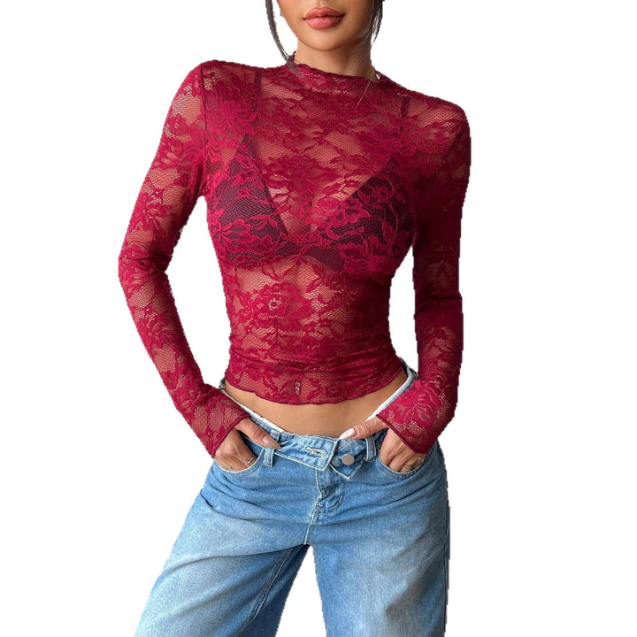 Damen nan figurbetontes transparentes Spitzen-Crop-Top mit hochgeschlossenem Kragen und integrierter Bustier-Form Echo Archiv