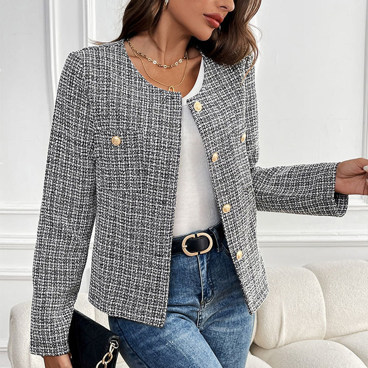 Damen Bouclé-Tweed-Blazer mit Rundhalsausschnitt, goldenen Zierknöpfen und kastiger Silhouette – Valéne