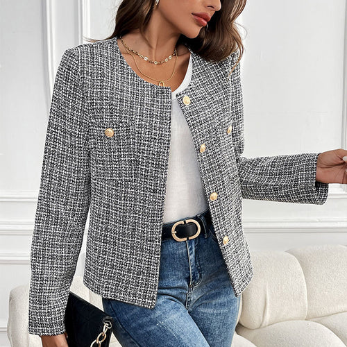 Damen Bouclé-Tweed-Blazer mit Rundhalsausschnitt, goldenen Zierknöpfen und kastiger Silhouette – Valéne