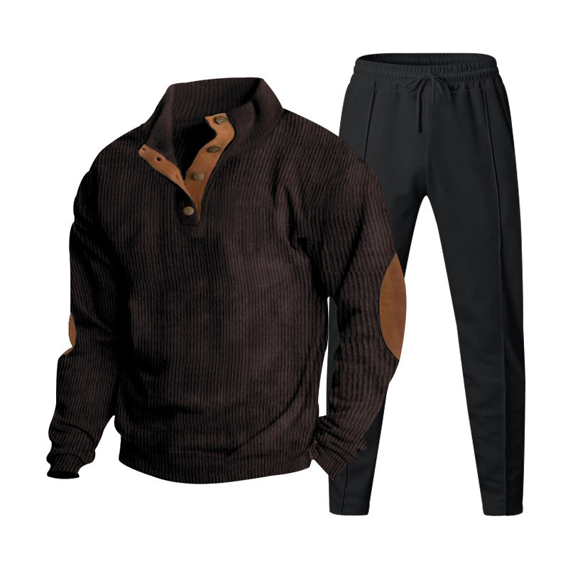 Herren nan gerippter Henley-Freizeitanzug mit dekorativer Knopfleiste und Wildleder-Ellenbogenpatch konisch geschnittene Jogginghose Echo Archiv