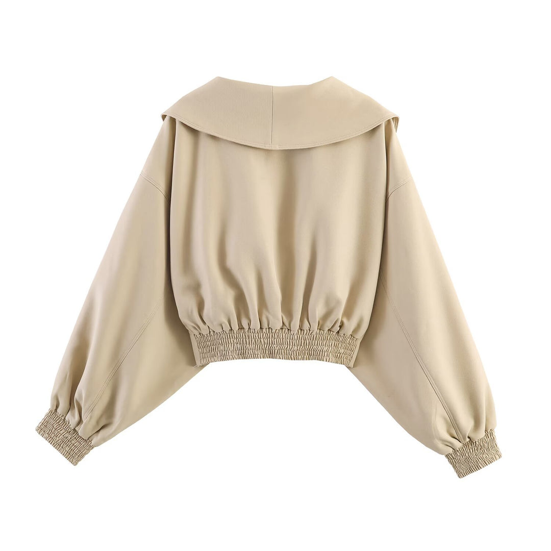 Damen Oversized Cropped-Jacke mit großem Schalkragen, Taillenriegel und Ballonärmeln Echo Archiv