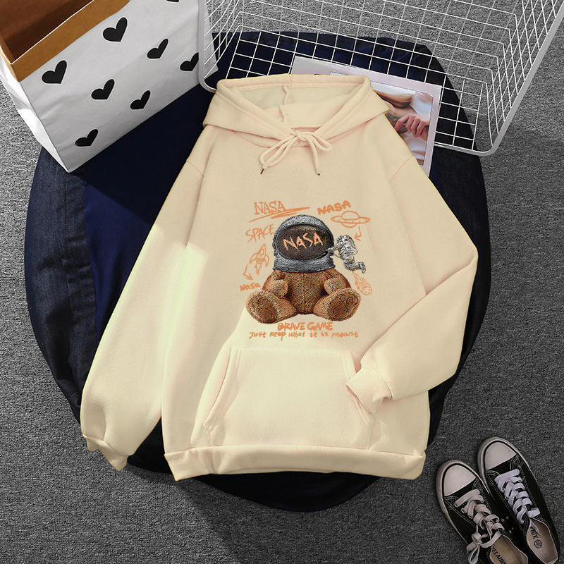 Damen lässiger Hoodie mit Astronauten‑Teddy‑Print, Kängurutasche und weichem Fleece-Innenfutter – Auréline