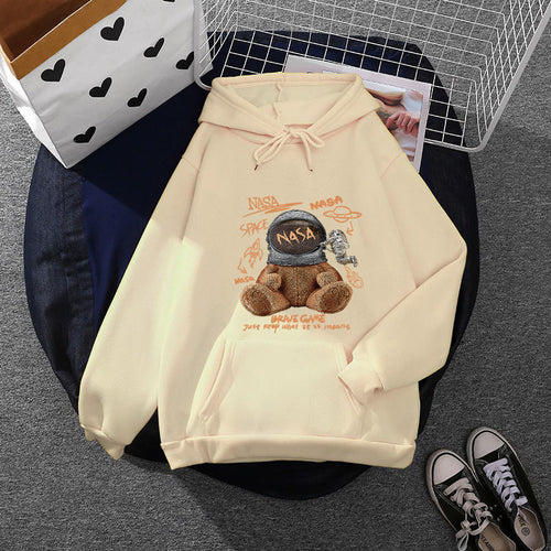Damen lässiger Hoodie mit Astronauten‑Teddy‑Print, Kängurutasche und weichem Fleece-Innenfutter – Auréline