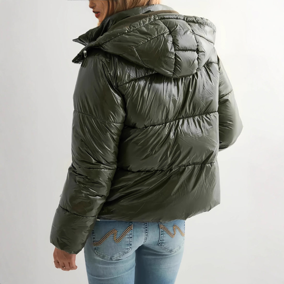 Damen Modische Hochglanz-Steppjacke mit Kapuze – Célinea