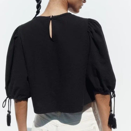 Damen bestickte Bluse mit Trompetenärmeln, Quasten und floraler Spitzenbordüre Echoarchiv