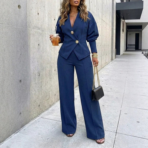Damen Zweiteiliges tailliertes Blazer‑Hosen‑Set mit goldenen Zierknöpfen und weitem Palazzo-Bein – Avérine
