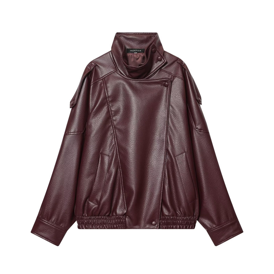 Damen Kurz geschnittene Kunstleder-Fliegerjacke mit hohem Stehkragen und Schulterriegeln Echoarchiv