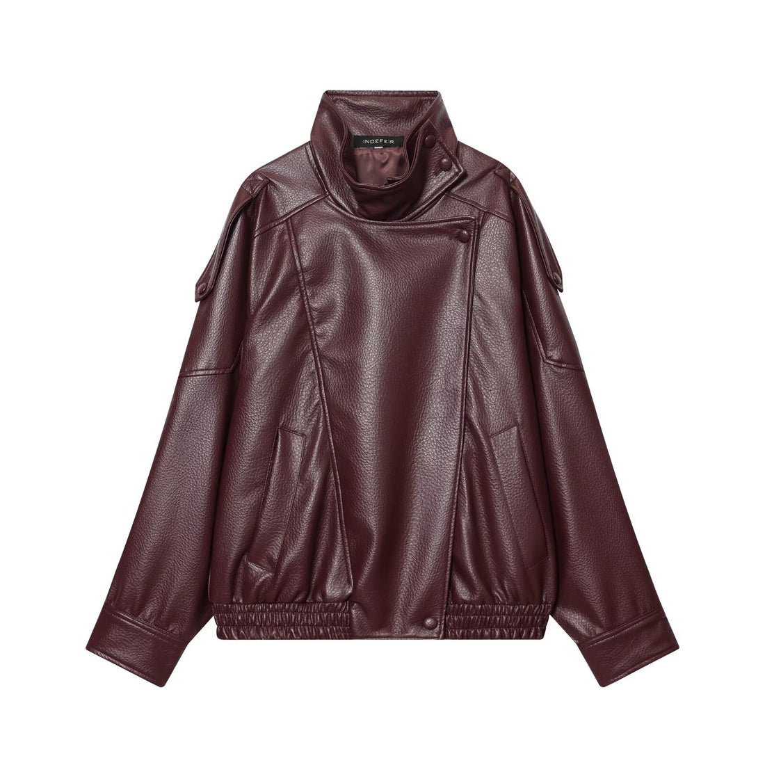 Damen Kurz geschnittene Kunstleder-Fliegerjacke mit hohem Stehkragen und Schulterriegeln Echoarchiv