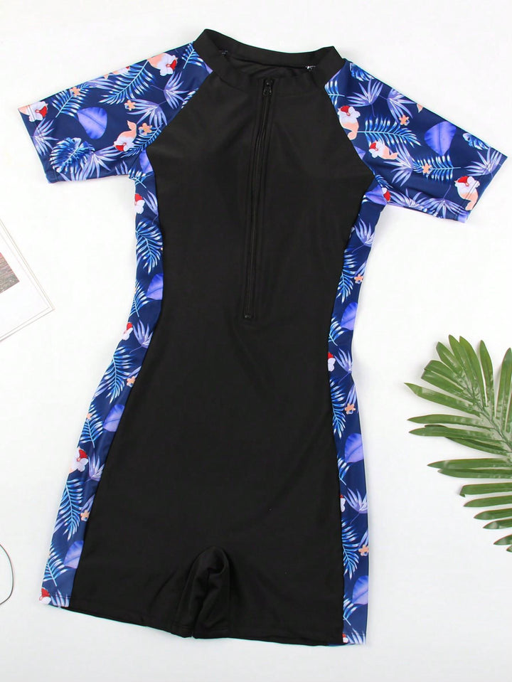 Damen sportlicher Neoprenanzug mit kurzem Arm und floralem Design Echo Archiv