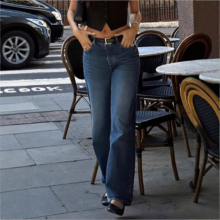 Damen Hochtaillierte Wide‑Leg Denim‑Jeans mit geradem Saum und leichtem Used‑Effekt Echo Archiv