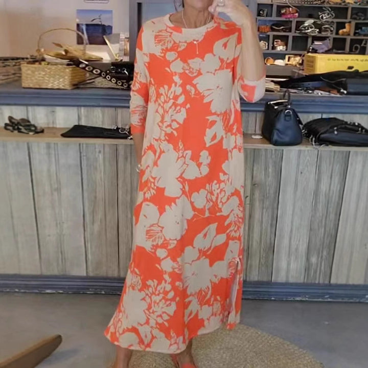 Damen nan fließendes A-Linien-Maxikleid mit Dreiviertelärmeln Rundhalsausschnitt Seitenschlitz und Eingrifftaschen Echo Archiv