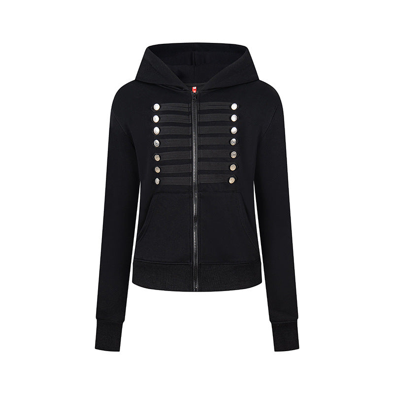 Damen Kapuzen-Sweatjacke mit dekorativer Militär‑Bortenleiste und Zierknöpfen Echoarchiv