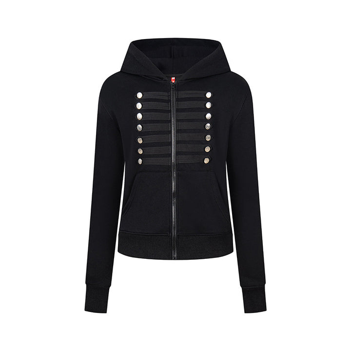 Damen Kapuzen-Sweatjacke mit dekorativer Militär‑Bortenleiste und Zierknöpfen Echoarchiv