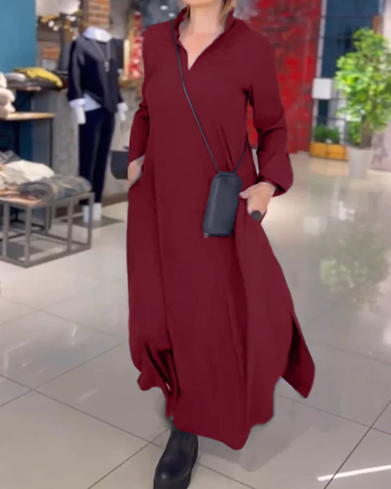 Damen Lange Maxi Kleid mit Stehkragen, Seitentaschen und Lockerem Fall Echoarchiv