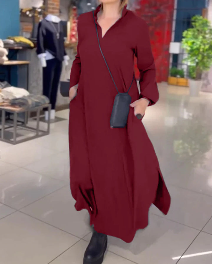 Damen Lange Maxi Kleid mit Stehkragen, Seitentaschen und Lockerem Fall Echoarchiv