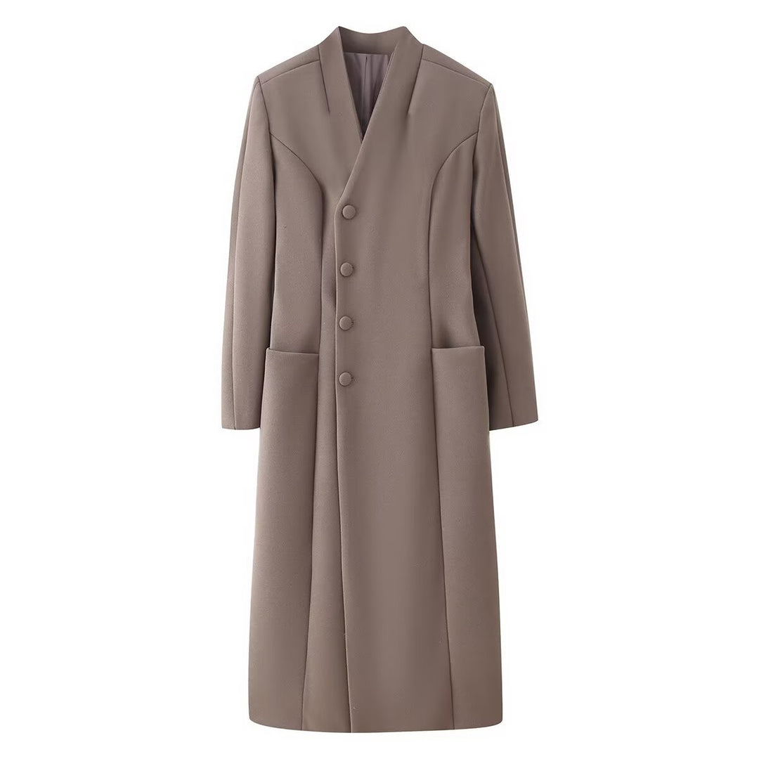 Damen Eleganter Wolloptik-Maximantel mit verdeckter Knopfleiste und aufgesetzten Taschen Echo Archiv