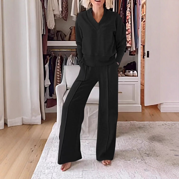 Damen Zweiteiliges Lounge-Set aus weichem Jersey mit V-Ausschnitt und weitem Palazzohosen-Schnitt Echo Archiv