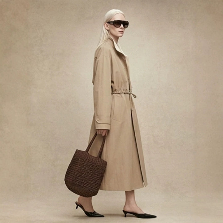 Damen Taillierter Mantel im Trenchcoat‑Stil mit Kordelzug‑Taille und Kontrastkragen Echoarchiv