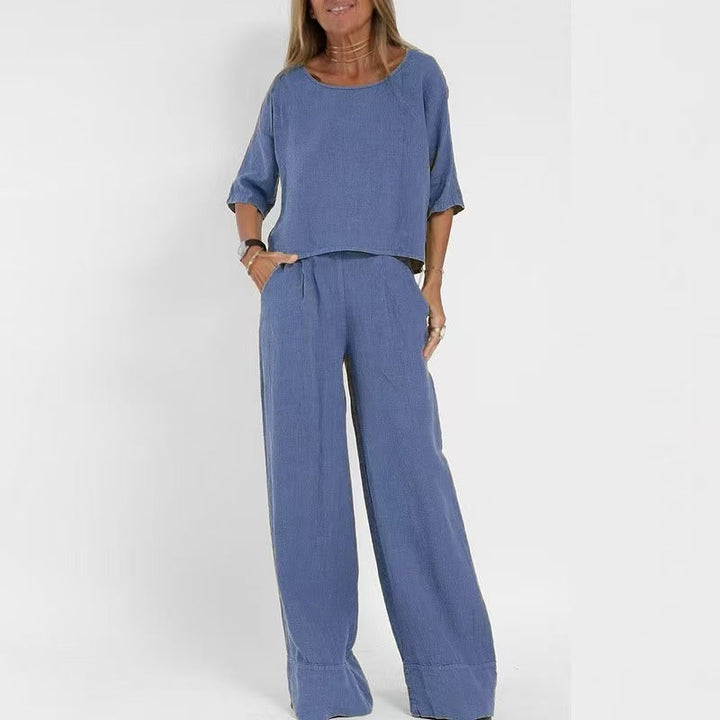Damen luftiges Leinen-Ensemble mit weitem Schnitt und praktischen Taschen Echoarchiv