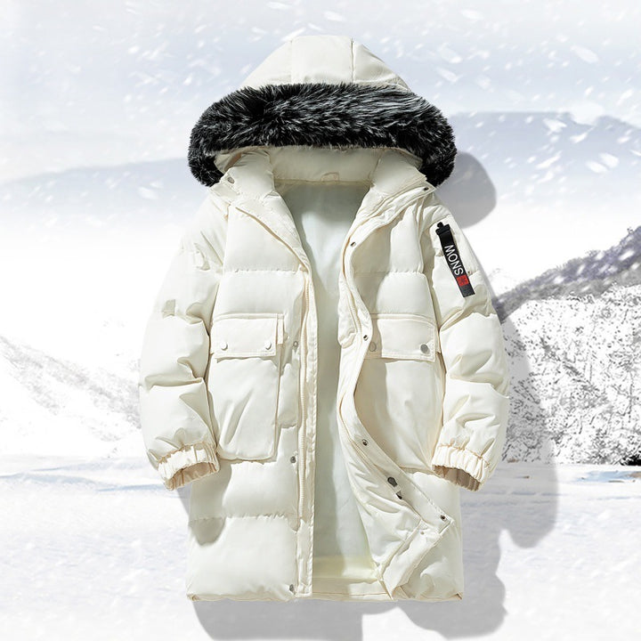 Herrlicher längerer gesteppter Winterparka mit Kapuze und Kunstfellbesatz – Marzano