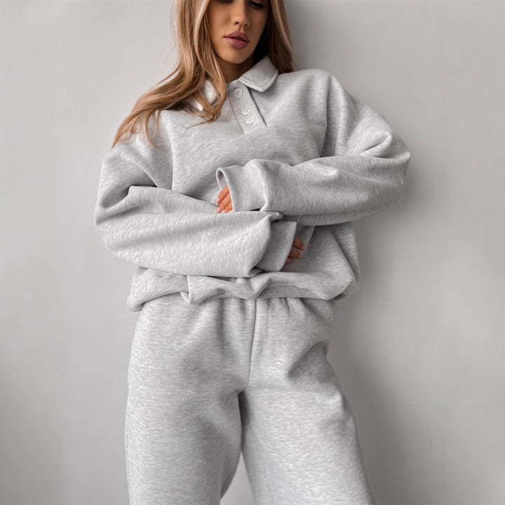 Damen Casual-Set aus schwerem French-Terry mit Polokragen-Cropped-Sweater und weitem High-Waist-Sweathose – Avérine