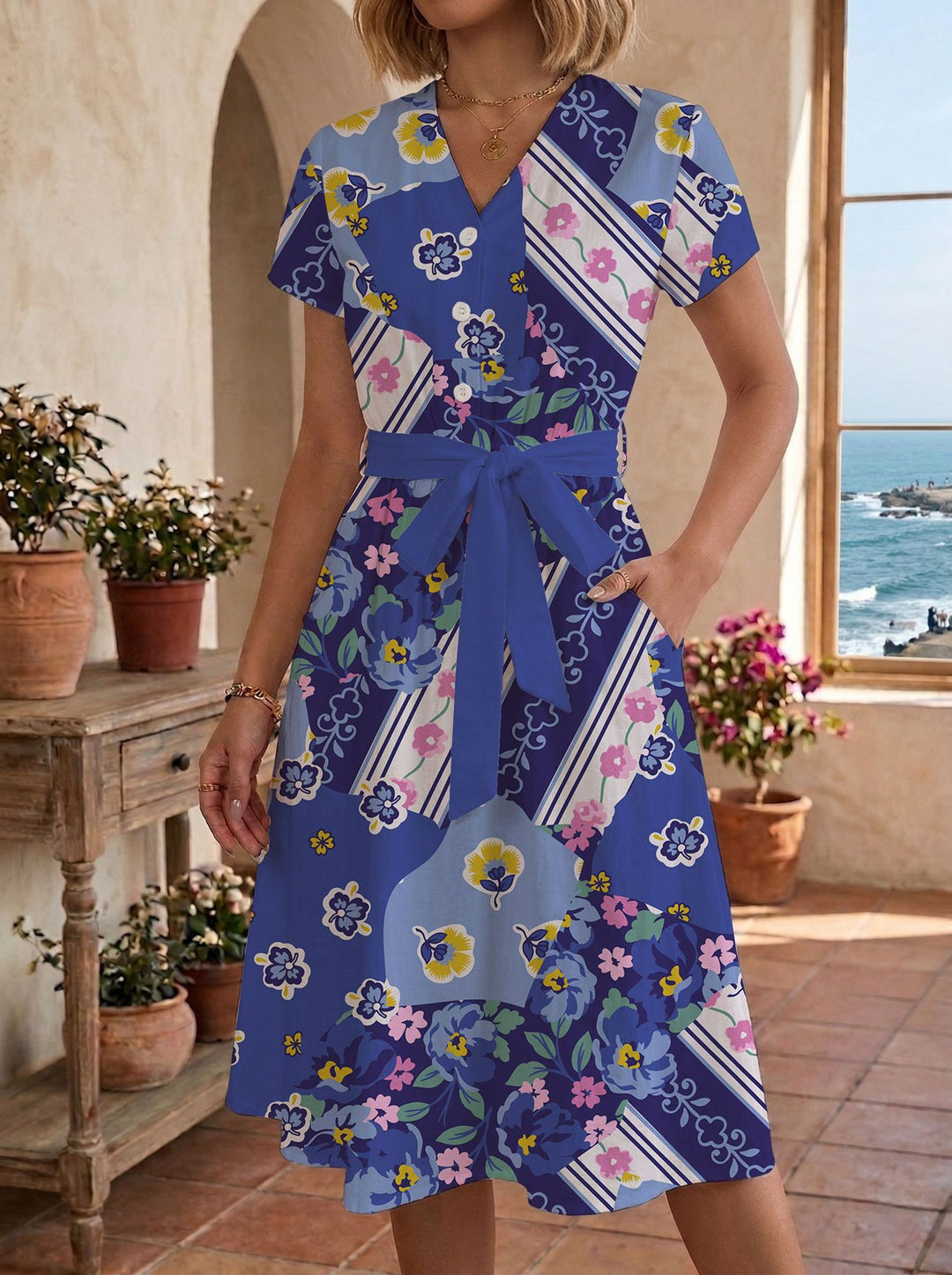 Damen Sommerliches Kleid mit taillierbarem Bindegürtel und floralem Muster Echo Archiv