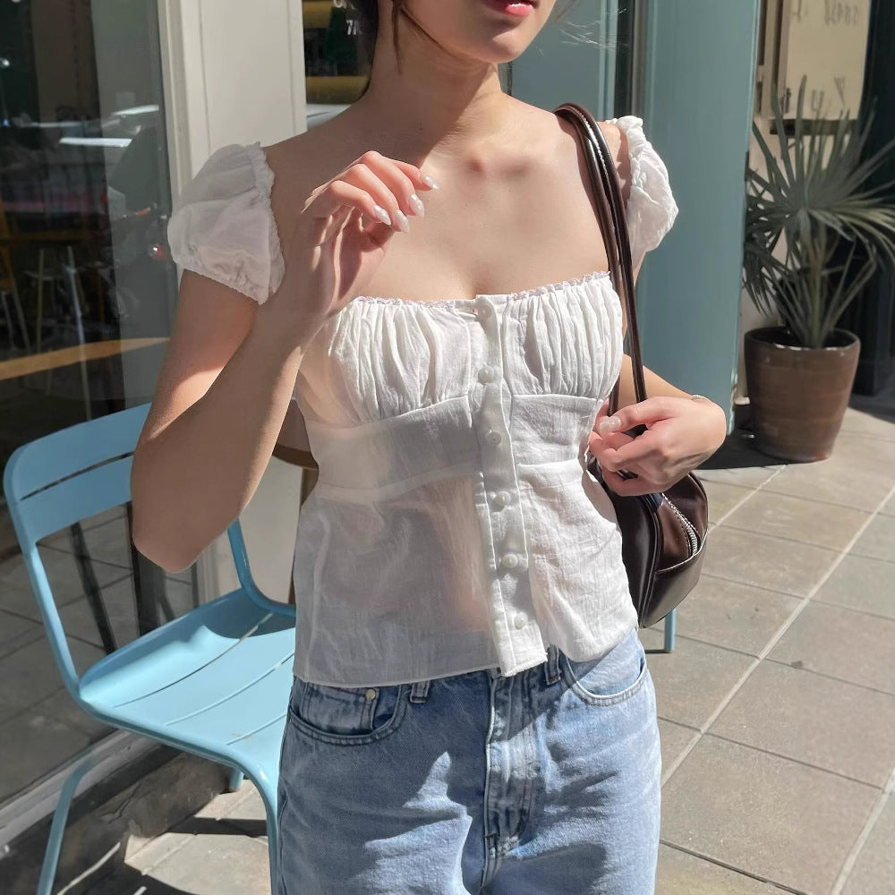 Damen Puffärmel Bluse mit Knopfdetail und geraffter Optik Echo Archiv