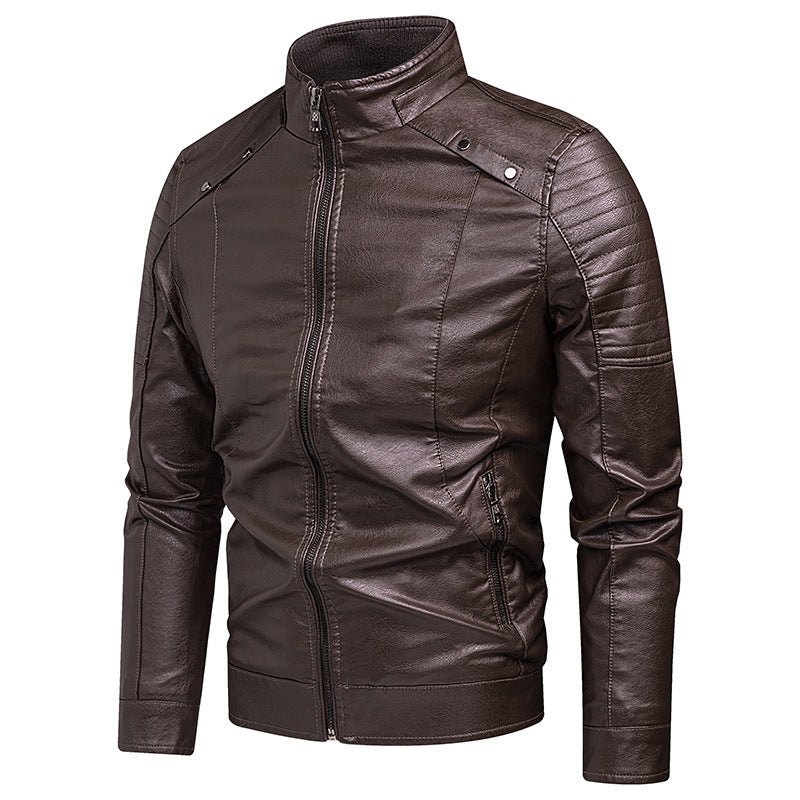 Herren schlanker Kunstleder-Moto-Blouson mit ergonomischen Nähten und Stehkragen Echoarchiv