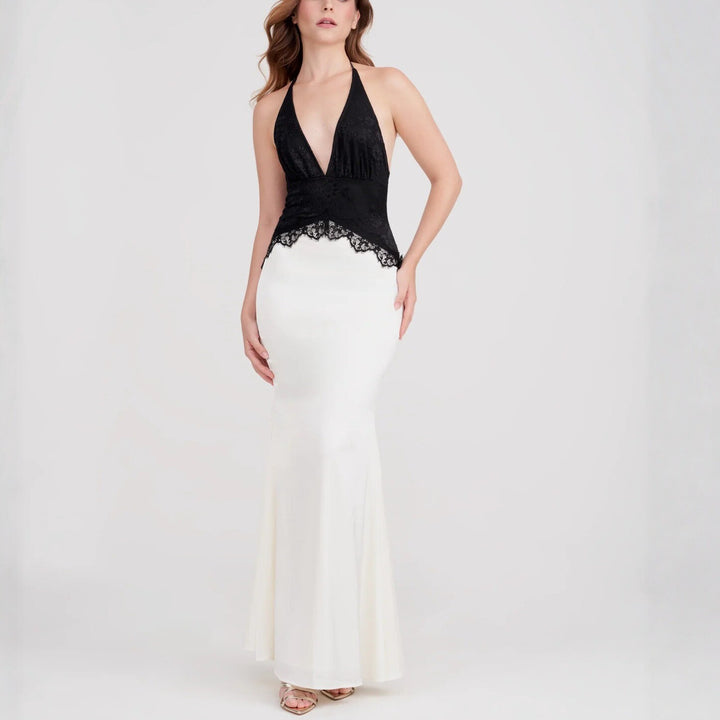 Damen Schickes Maxikleid mit Spitzenoberteil und V-Ausschnitt Echo Archiv