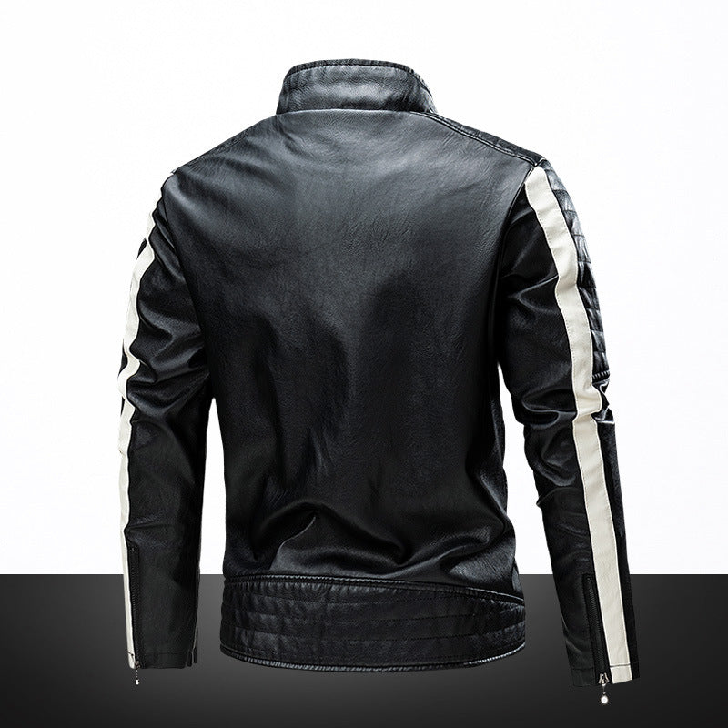 Herren Biker-Lederjacke im Retro-Rennstil mit Stehkragen und Kontraststreifen – Valtoré