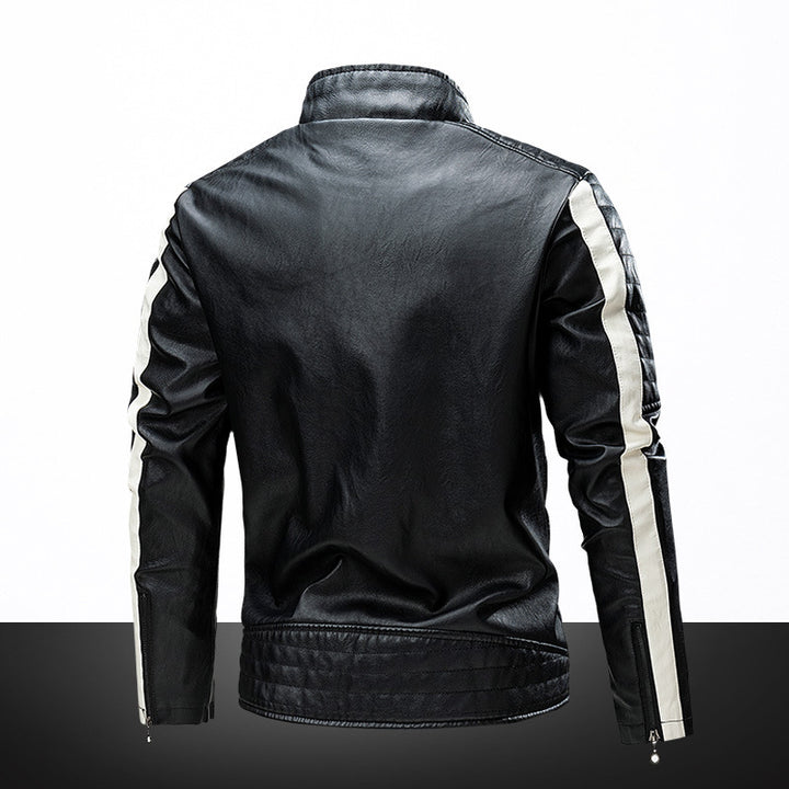 Herren Biker-Lederjacke im Retro-Rennstil mit Stehkragen und Kontraststreifen – Valtoré