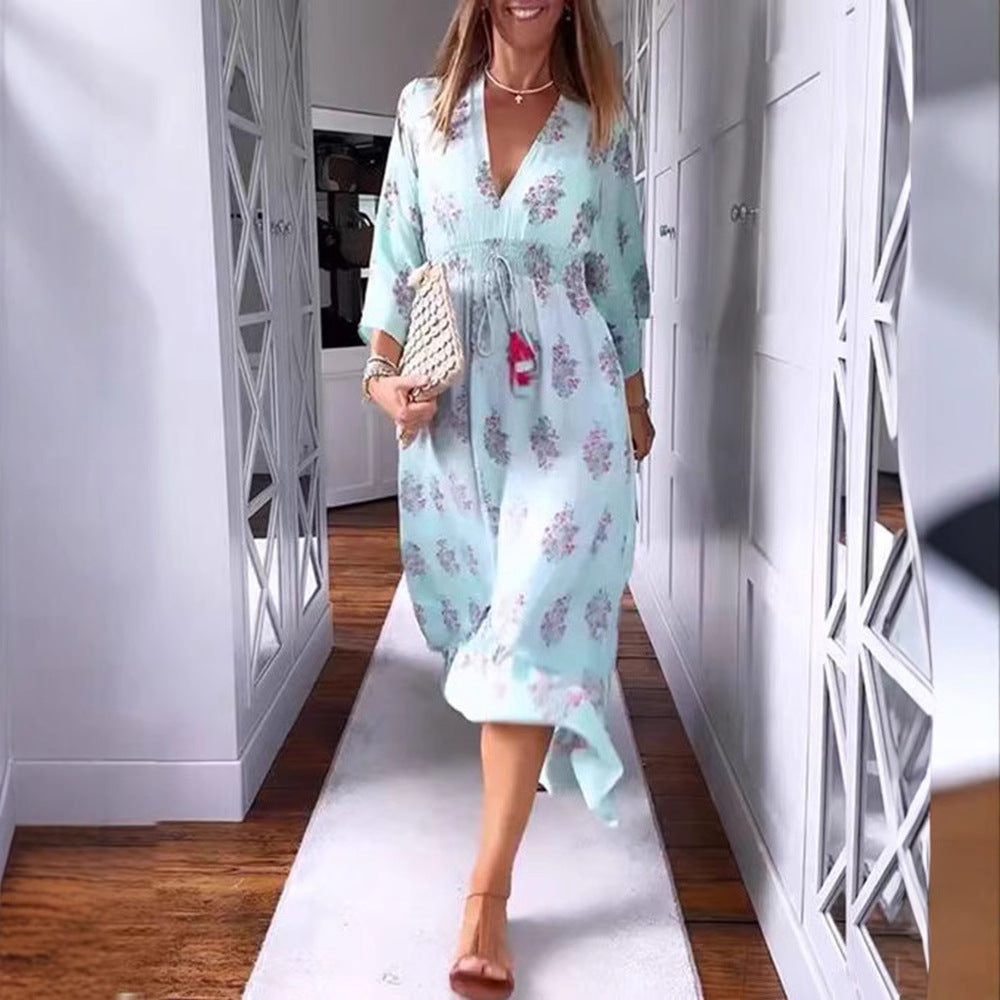 Damen nan luftig-fließendes Boho-Midikleid mit V-Ausschnitt, geraffter Smock-Taille, Kordelzug mit Quasten und asymmetrischem Volant-Saum Echo Archiv