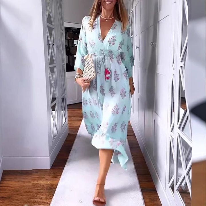Damen nan luftig-fließendes Boho-Midikleid mit V-Ausschnitt, geraffter Smock-Taille, Kordelzug mit Quasten und asymmetrischem Volant-Saum Echo Archiv