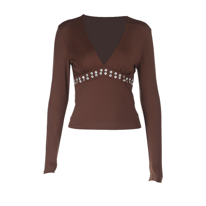 Damen tailliertes Langarm-Cropped-Top mit tiefem V-Ausschnitt und Nietenbesatz – Avérine