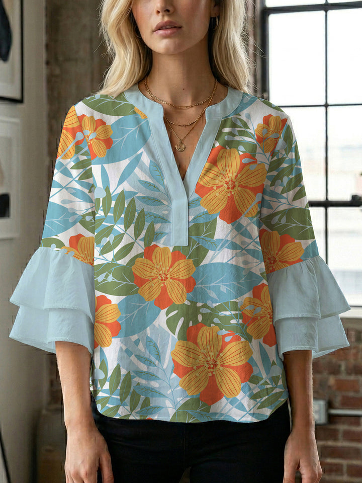 Damen elegantes Blusenshirt mit voluminösen Rüsenärmeln und grafischem Blumendesign Echo Archiv