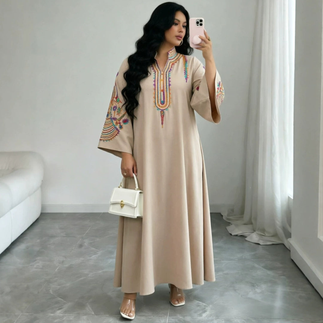 Damen Besticktes Maxikleid im Kaftan-Stil mit Stehkragen und Glockenärmeln Echoarchiv