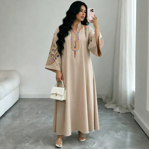 Damen Besticktes Maxikleid im Kaftan-Stil mit Stehkragen und Glockenärmeln Echoarchiv