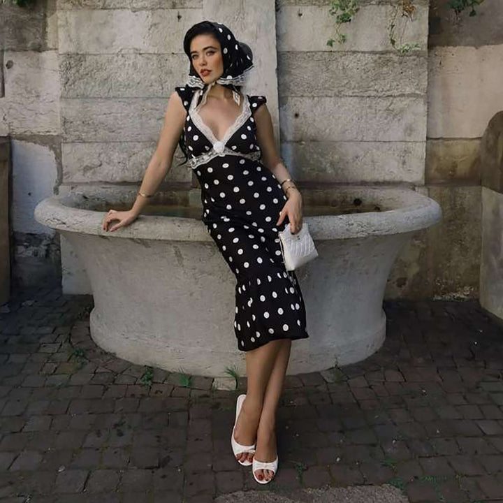 Damen Figurbetontes Polka-Dot Kleid mit Spitzenapplikation Echo Archiv