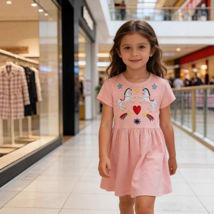 Mädchen Sommerkleid mit buntem Einhornmotiv und fröhlichen Applikationen Echo Archiv