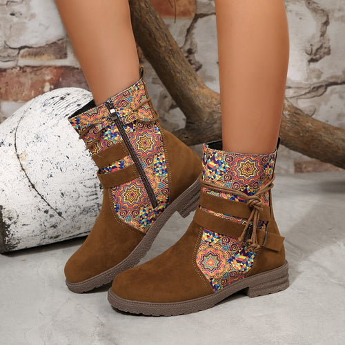 Damen nan knöchelhohe Velourslederoptik-Stiefelette mit Leopardenprint-Falte, seitlichem Reißverschluss und dekorativer Schnalle Echo Archiv