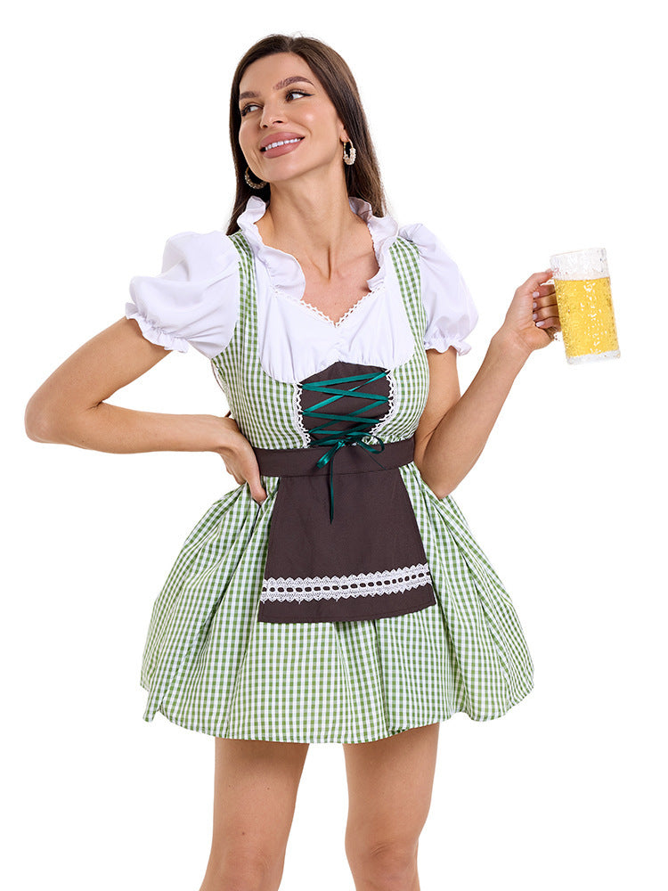 Damen nan kurzes kariertes Trachten Dirndl mit Schnürung Puffärmel und Schürze Echo Archiv
