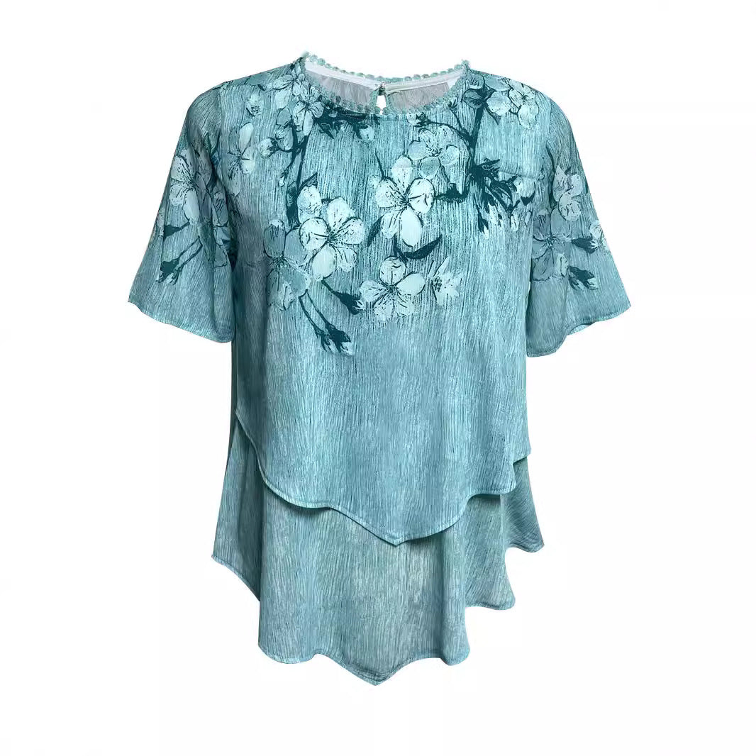 Damen nan zweilagiges Blusenkleid mit asymmetrischem Stufensaum, floraler Druckpasse und Flügelärmeln Echo Archiv