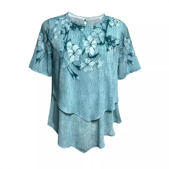 Damen nan zweilagiges Blusenkleid mit asymmetrischem Stufensaum, floraler Druckpasse und Flügelärmeln Echo Archiv