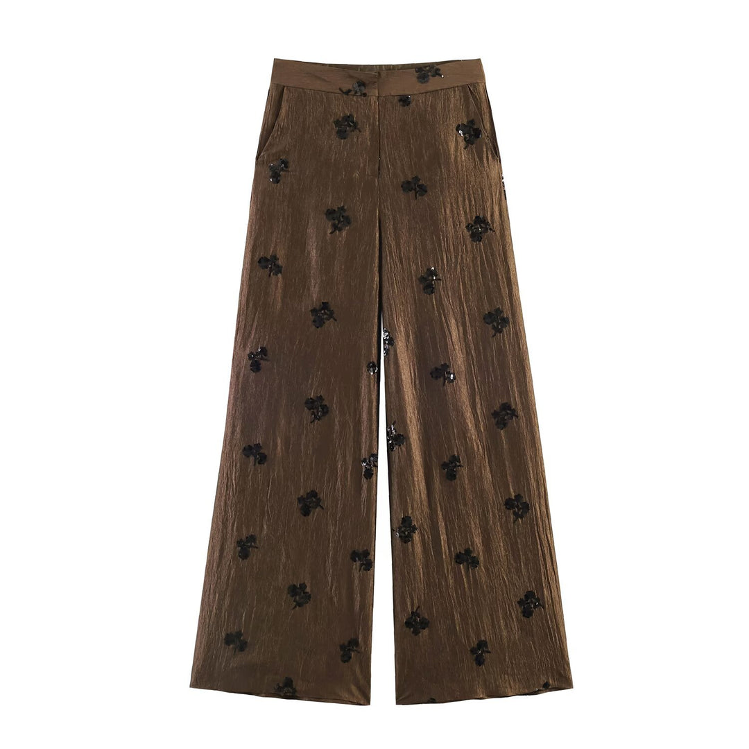 Damen 20+ weite Palazzo‑Hose mit hoher Taille, Crinkle‑Effekt und bestickten Paillettenapplikationen Echo Archiv