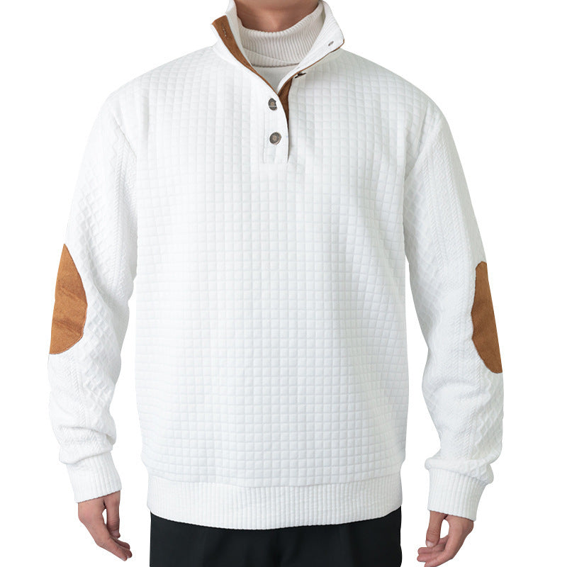 Herren Waffelstrick-Halbzip-Pullover mit Stehkragen Lederbesatz und Ellbogenpatches Echoarchiv